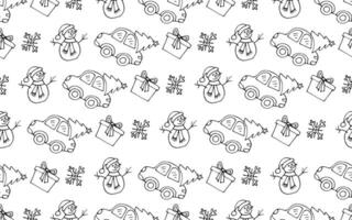 Vector  New Year pattern on a white background. Black and white illustration in cartoon style. Pattern for fabric, gift wrapping, cards and congratulations. Christmas tree, snowman and gift.