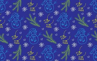 New Year vector pattern. Color illustration of New Year's fir branches, snowflakes and snowmen on a blue background. Background for packaging, fabric and gift.