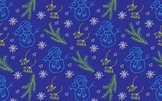 New Year vector pattern. Color illustration of New Year's fir branches, snowflakes and snowmen on a blue background. Background for packaging, fabric and gift.