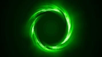 Looped twirl circle of stripes and lines of bright green beautiful magical energy glowing neon, round frame. Abstract background video