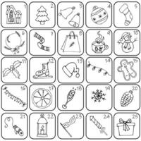 Hand drawn vector illustration in cartoon style.Christmas poster, advent calendar black and white linear drawing on a white background.