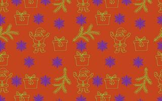 New Year vector pattern. Color illustration of New Year's fir branches, snowflakes and Santa on a red background. Background for packaging, fabric and gift.
