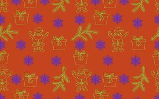 New Year vector pattern. Color illustration of New Year's fir branches, snowflakes and Santa on a red background. Background for packaging, fabric and gift.