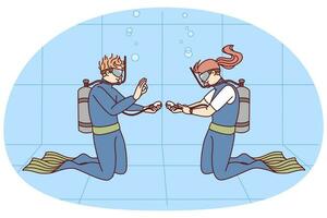 diversos en uniforme en nadando piscina. hombre y mujer buceo submarino con tubos teniendo lección juntos. escafandra autónoma buceo concepto. vector ilustración.