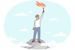 Happy man standing on mountain peak with fire in hands. Smiling businessman reach top excited with goal achievement or success. Vector illustration.