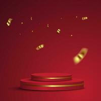 red 3d podium background with gold confetti vector