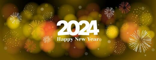 2024 banner design with yellow orange light bokeh and fireworks background vector