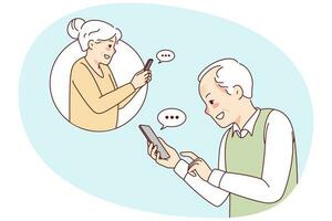 Happy modern grandparents text online on cellphones. Smiling mature man and woman send messages on internet on mobile phone. New technology. Vector illustration.