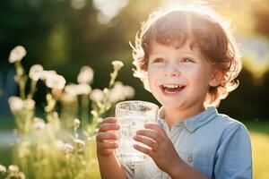 AI generated A little boy drinks water from a glass in nature in the village photo