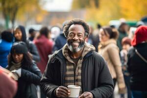 ai generado sonriente negro Vagabundo hombre comiendo gratis comida en un calle cantina foto