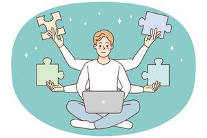 Man working on laptop solving business problem. Male employee with jigsaw puzzles above head use computer find issue solution. Vector illustration.