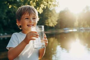AI generated Cute child drinks water from a glass in nature against the background of a river in the village photo