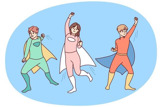 Happy children in superheroes costumer playing together outside. Smiling kids in hero suits enjoy masquerade or carnival. Childhood. Vector illustration.