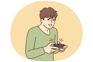 Guy with joystick playing computer games at home. Young man with joypad have fun engaged in videogame. Addiction and hobby. Vector illustration.