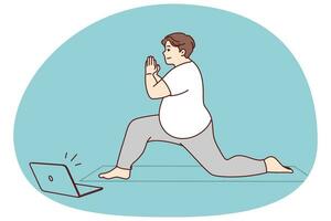 Fat man in sportswear training on mat with online video lesson on computer. Overweight male do sports exercise with classes on internet on laptop. Healthy life and weight loss. Vector illustration.