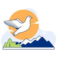 A colorful, abstract vector illustration depicting the concept of peace in the form of a single white dove flying against bright orange sun.