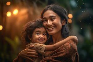 ai generado un de la madre abrazo - un reconfortante momento Entre un mujer y un niño foto