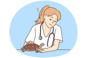 sonriente hembra veterinario tomar cuidado de Tortuga en hospital. contento mujer veterinario médico cura pequeño Doméstico mascota en clínica. vector ilustración.