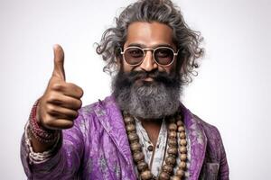 AI generated Successful businessman with a beard, glasses, and a necklace gives a thumbs up photo