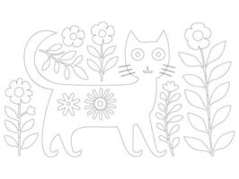 Black outline cat with flower on white background, coloring page style vector