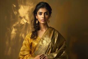 AI generated Elegant Indian woman wearing traditional gold jewelry photo