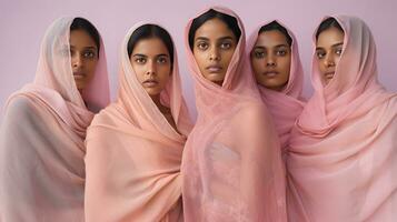 AI generated Five women wearing traditional Indian clothing, including pink burkas and shawls, pose for a photo. photo