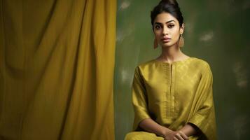 hermosa indio mujer en amarillo foto