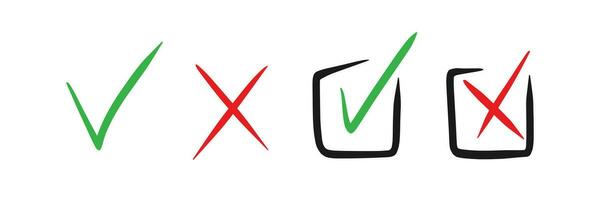 Check and Cross sign elements. Vector buttons for vote, election choice, tick marks, approval signs design. Red X and green OK symbol icons