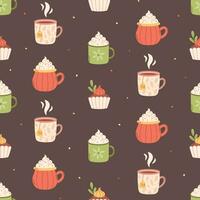 Hot drinks and cupcakes seamless pattern. Autumn seamless pattern. Vector illustration in flat style