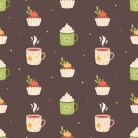 Hot drinks and cupcakes seamless pattern. Autumn seamless pattern. Vector illustration in flat style