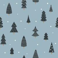 Winter forest scandinavian hand drawn seamless pattern. New Year, Christmas, holidays gray texture with fir tree for print, paper, design, fabric, decor, gift wrap, background. Vector illustration