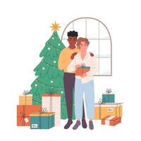 Gay couple standing near Christmas tree with presents and celebrating Christmas or New Year. Vector illustration in flat style