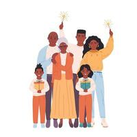 Family with children and grandparents holding sparkler and presents and celebrating Christmas or New Year. Vector illustration in flat style