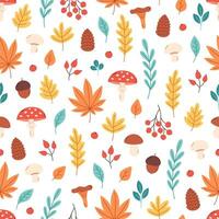 Seamless pattern with autumn leaves, plants, mushrooms, fruits. Fall season, hello autumn. Vector illustration in flat style