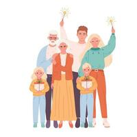 Family with children and grandparents holding sparkler and presents and celebrating Christmas or New Year. Vector illustration in flat style