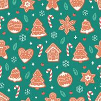 Christmas seamless pattern with ginger cookies, candy cane, snowflakes. Vector illustration in flat style