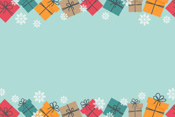 Border with gift boxes and snowflakes isolated on blue background. Seamless banner.