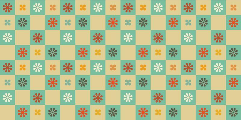 A retro style seamless pattern with a hippie flower aesthetic design and checkered vector background. Print surface for textiles, wrapping, and webs.