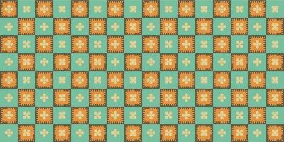 A retro style seamless pattern with a hippie flower aesthetic design and checkered vector background. Print surface for textiles, wrapping, and webs.