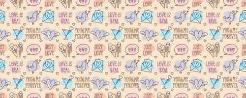 Valentines Day doodle style candy color seamless pattern, hand-drawn love theme icons and quotes cute background. Romantic mood collection. vector