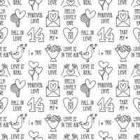 Valentines Day doodle style seamless pattern in black and white, hand-drawn love theme icons and quotes background. Romantic mood, cute symbols and elements collection. vector