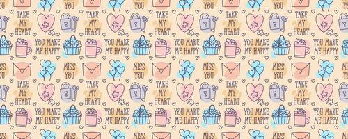 Valentines Day doodle style candy color seamless pattern, hand-drawn love theme icons and quotes cute background. Romantic mood collection. vector