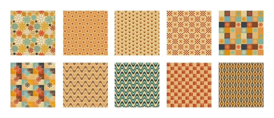 A retro style seamless patterns set with a hippie flower aesthetic design, vector background. Print surface for textiles, wrapping, and webs.