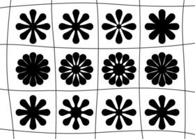 Groovy flowers in a line grid, hippie aesthetic simple vector shapes. Retro y2k style silhouette. Design elements for a social media story or post. Vector illustration.