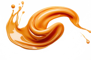 AI generated Splash of melted caramel sauce isolated on transparent background. Brown toffee wave splashing with droplets. Tasty confectionary png