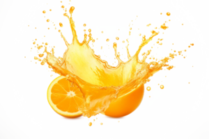 AI generated Sliced orange with juice splash isolated on transparent background. Fruit explosion png