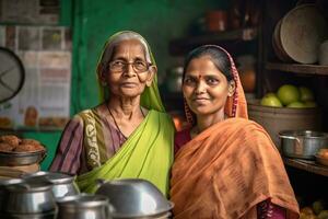ai generado dos indio mujer posando para un foto en un cocina