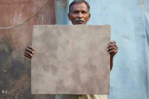 ai generado un hombre en India sostiene arriba un grande hecho a mano papel Khadi foto