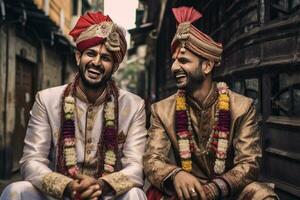 ai generado el la risa y sonrisas de el dos indio hombres vistiendo cultural atuendo foto