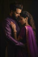 AI generated A man and woman in traditional Indian attire embrace each other in a passionate hug. photo